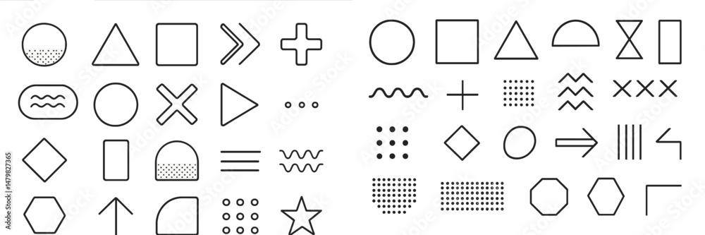 Poster set of minimalist web icons featuring various shapes and symbols for design projects and user interf