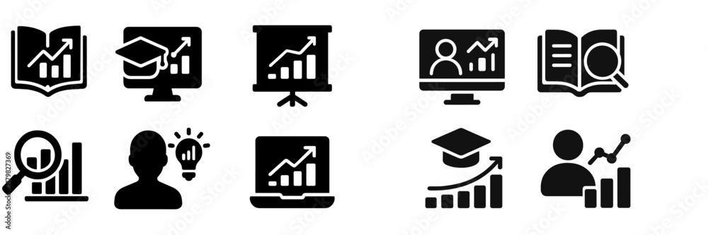 Poster set of web icons representing education, data analysis, and online learning in a modern digital cont