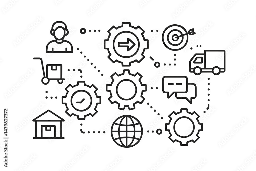Poster web icons representing business processes, logistics, and communication in a modern digital environm