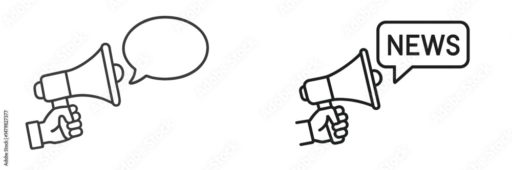 Poster set of web icons featuring megaphones with speech bubbles and news text for digital communication an