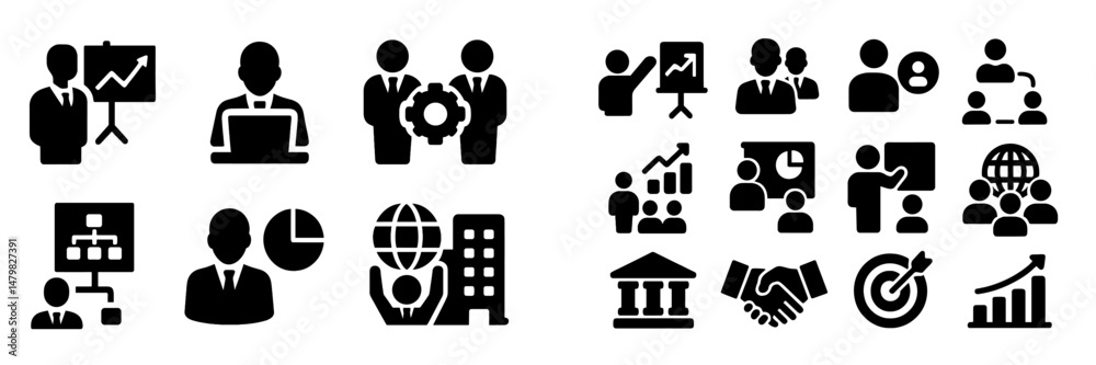 Poster Collection of black web icons representing business concepts, teamwork, and presentation methods for digital design projects