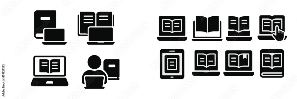 Poster Collection of black web icons representing books, reading devices, and digital learning tools in a simple design