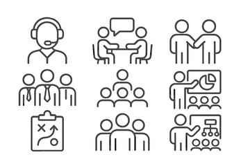 Set of web icons depicting various business and communication activities in a modern design style