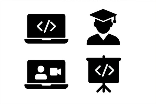 Web icons representing coding, education, and online learning tools for digital development and skill enhancement