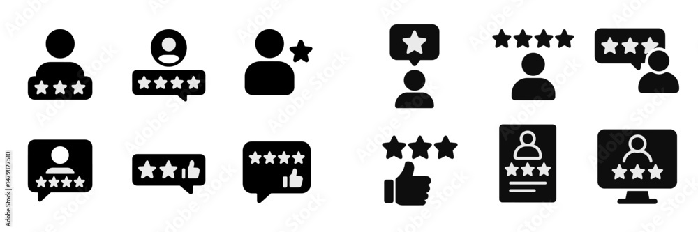 Aufkleber Set of black and white web icons representing user reviews and star ratings for online feedback