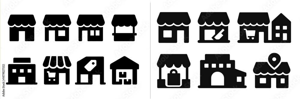 Poster collection of web icons featuring shops, stalls, and homes in a minimalist design for digital use
