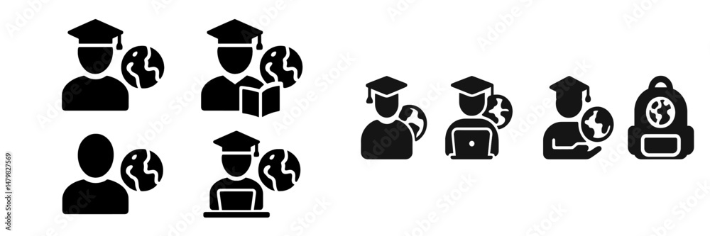 Aufkleber set of web icons featuring educational and global themes with diverse representations of students an