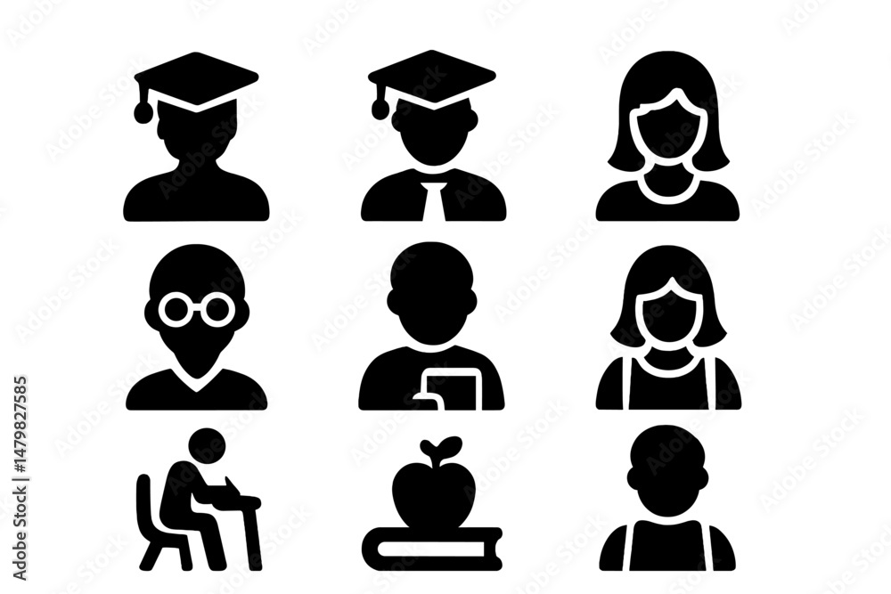 Poster diverse set of web icons representing education, students, and teachers in various roles and activit