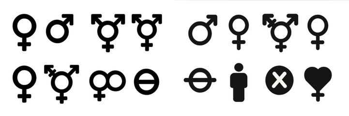 Collection of web icons representing gender and sexuality symbols in bold black design