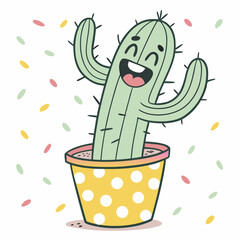 Cactus In Pot Happy Cactus in a Polka Dot Flowerpot Cute and Quirky Plant Vector Illustration