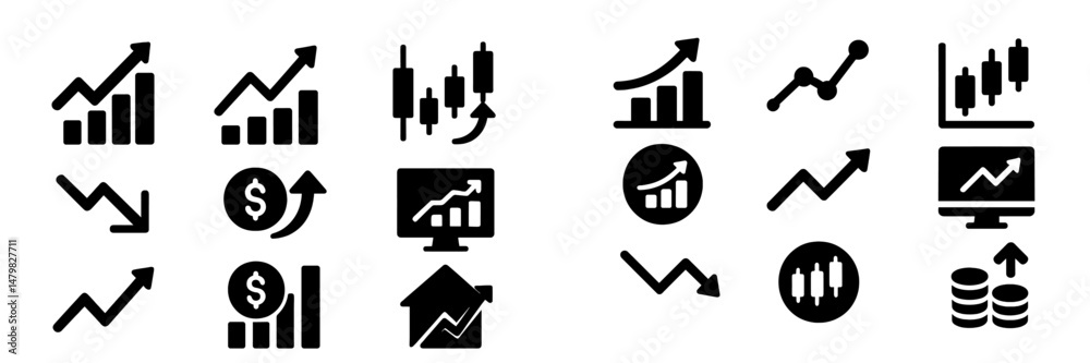 Poster collection of web icons representing various financial and market trends for digital applications