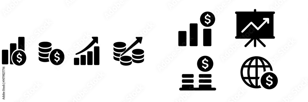 Poster set of black web icons depicting financial growth, data analysis, and global currency exchange for d