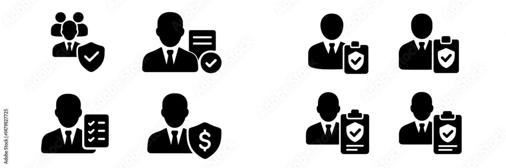 Poster Collection of web icons representing business, finance, and user verification concepts with diverse figures and check marks