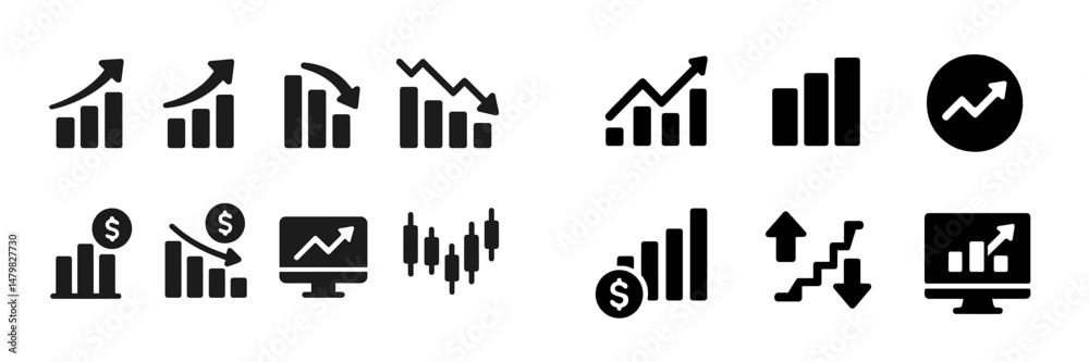 Poster collection of minimalist web icons depicting various financial trends and statistics in black and wh