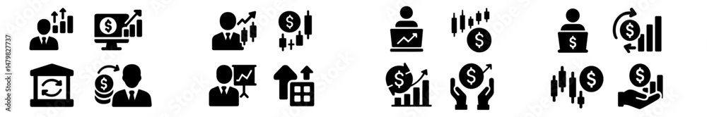 Poster set of financial web icons featuring graphs, currency symbols, and business figures designed for mod