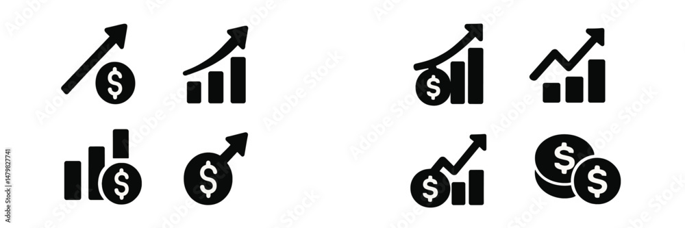 Aufkleber collection of black and white web icons illustrating financial growth trends and metrics in a simple