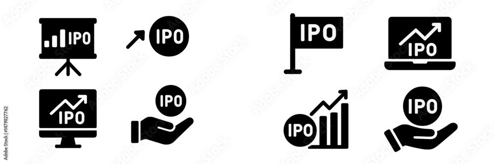 Poster Variety of web icons representing IPO concepts including graphs, flags, and computers for digital finance applications