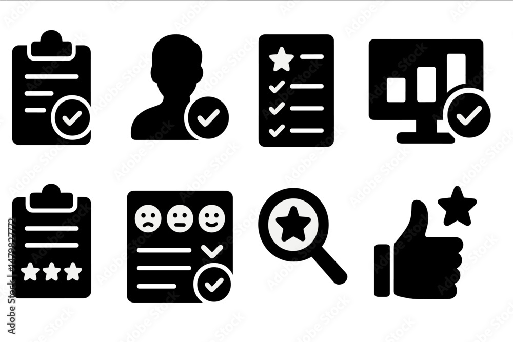 Fototapete collection of black web icons representing tasks, user profiles, feedback, and performance metrics f