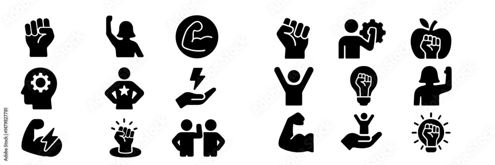 Poster collection of diverse web icons depicting strength, empowerment, and support in various forms
