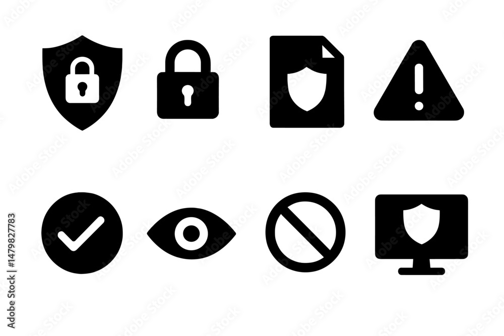 Poster collection of web icons for security, privacy, and alert functions used in digital applications and 