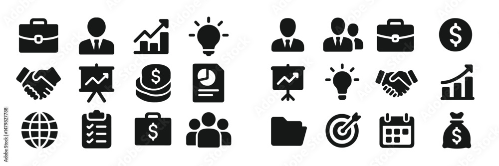 Aufkleber collection of web icons showcasing business themes like teamwork, finance, and productivity
