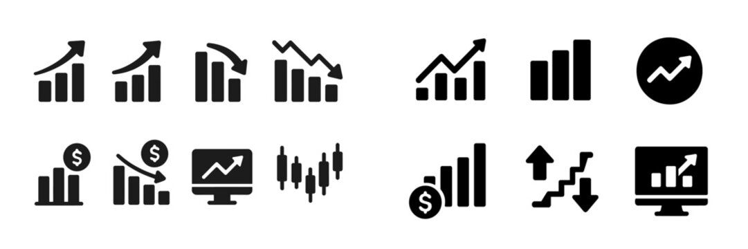 Collection of minimalist web icons depicting various financial trends and statistics in black and white design