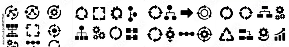 Poster Set of black web icons featuring gears, arrows, and shapes for modern design projects and applications