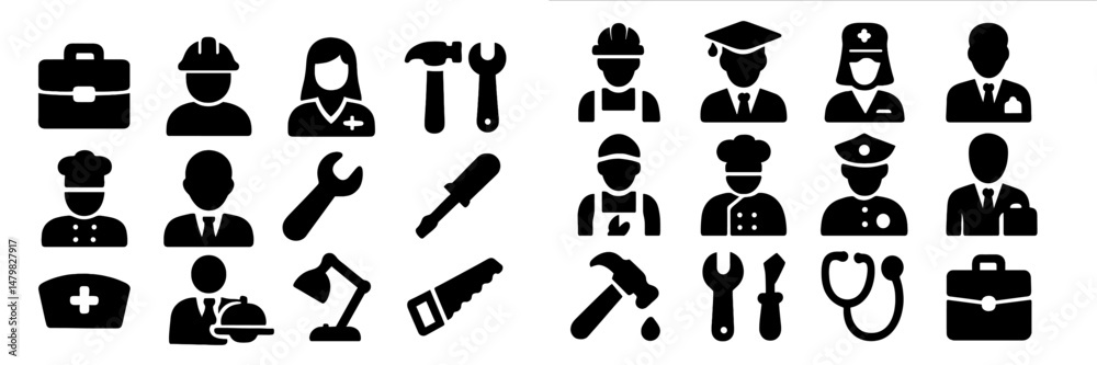 Aufkleber Collection of professional web icons representing various occupations and tools with a minimalistic design