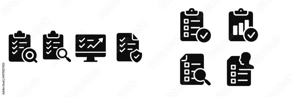 Poster collection of web icons featuring checklists, analytics, and data management elements for digital pr