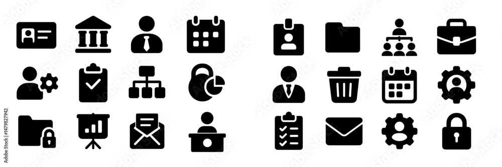 Poster collection of web icons representing business, organization, and communication in a minimalist desig
