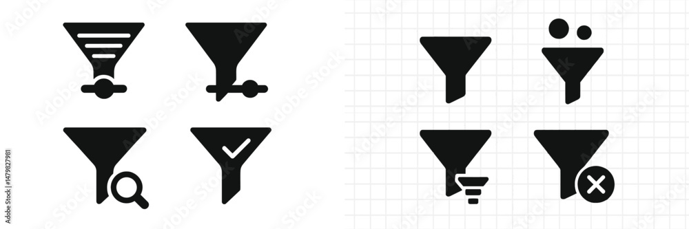 Poster collection of web icons featuring funnel designs for various digital applications and user interface