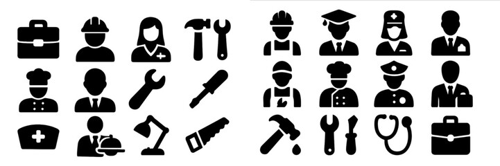 Collection of professional web icons representing various occupations and tools with a minimalistic design
