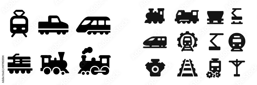 Poster Collection of web icons depicting various types of trains and rail transport elements for digital design use