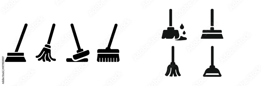 Poster collection of various web icons for cleaning tools featuring brooms, mops, and dustpans designed for