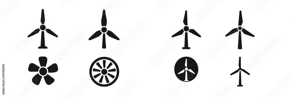 Poster Collection of web icons featuring various types of wind turbines and fans in simple black and white design suitable for digital projects