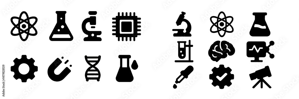 Poster collection of web icons representing science, technology, and innovation in a modern design