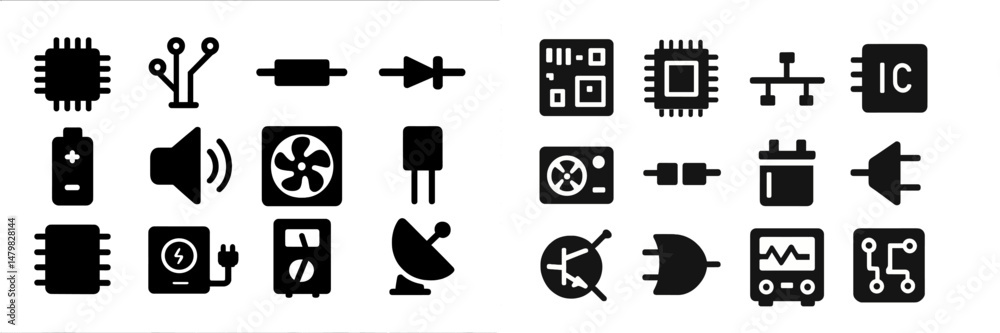 Poster collection of black web icons representing technology and electronics with various symbols and eleme