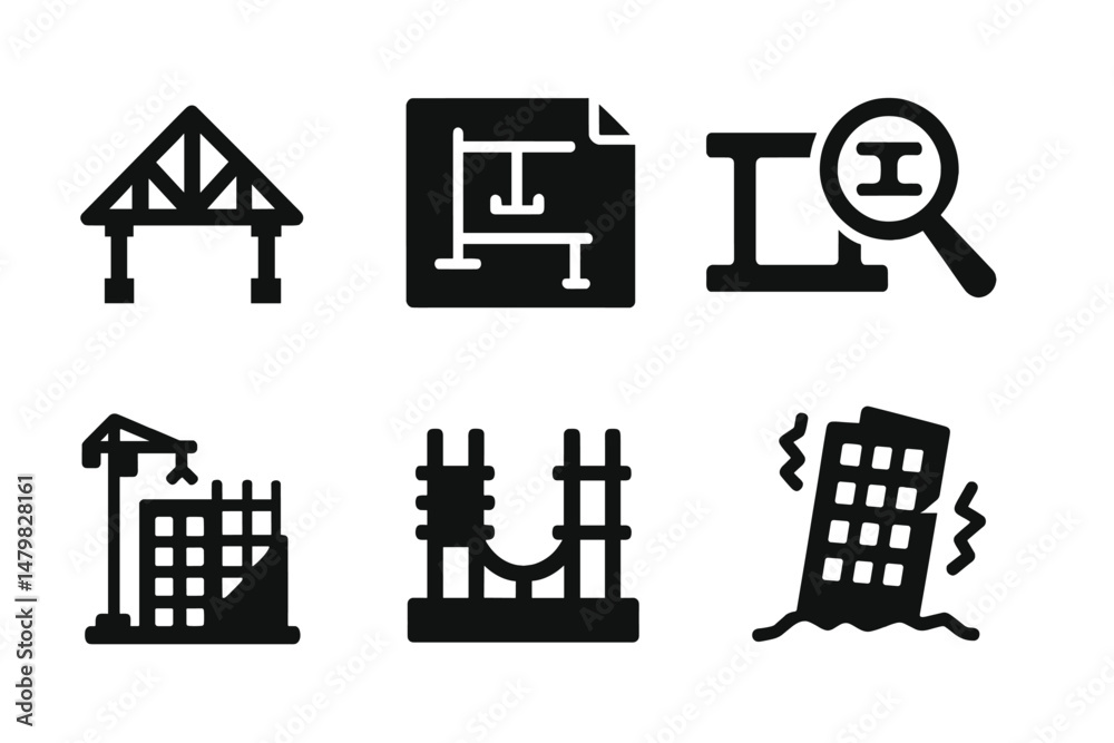 Leinwandbilder Set of black web icons showcasing construction and architectural elements for design projects