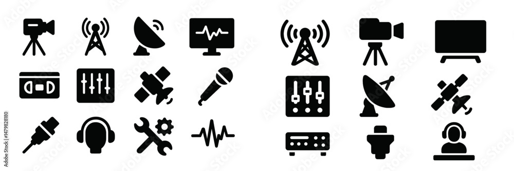 Poster collection of web icons representing technology and communication tools used for media and broadcast