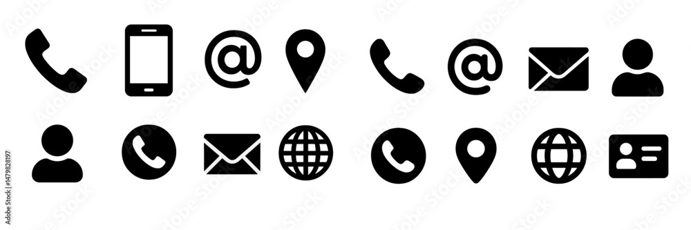 Leinwandbilder Collection of black web icons for communication and location services displayed on a white background