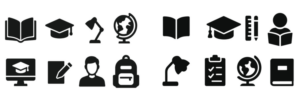 Collection of web icons representing education, study tools, and academic activities for various online applications