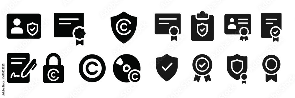 Poster set of web icons representing security, copyright, and validation concepts for digital applications