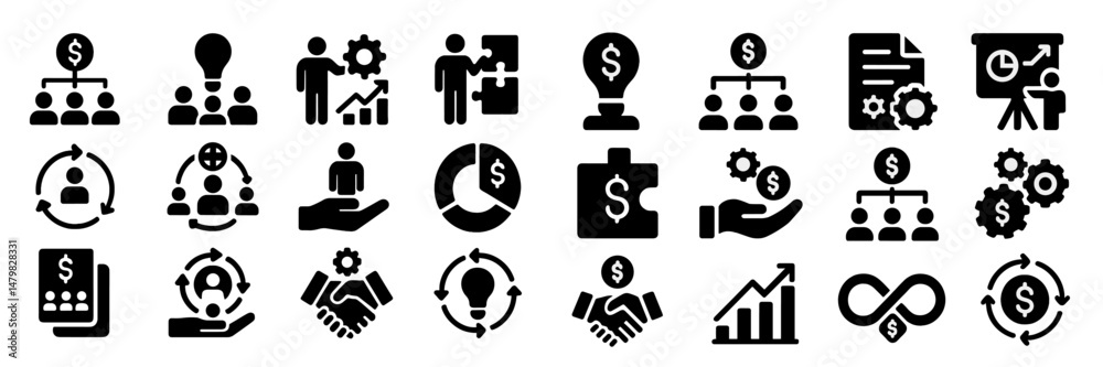 Poster Collection of black web icons representing business concepts and financial services in a minimalist design