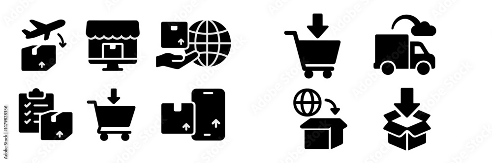 Poster set of web icons illustrating various aspects of online commerce and logistics with clear symbols fo