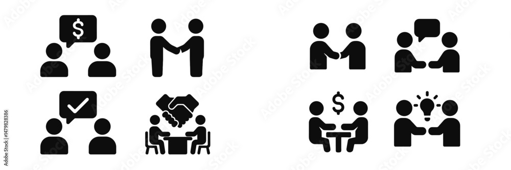 Poster set of web icons representing business communication, collaboration, and negotiation in a digital en