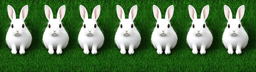 Five white rabbits sit on a green lawn