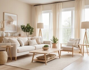 Bright Beige Modern Living Room Interior with Cream Sofa