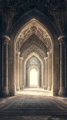 Mystical pathway through a grand archway with ornate detailing and stone pillars