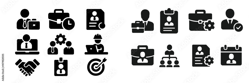 Poster collection of professional web icons illustrating work and business concepts for effective digital c