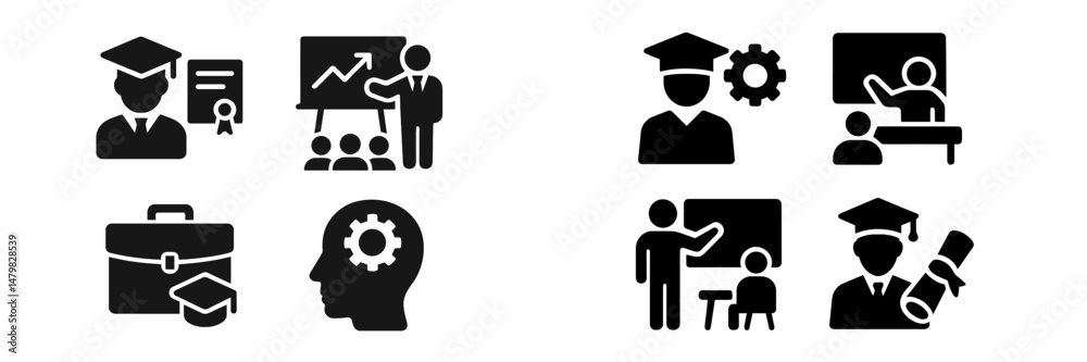 Poster collection of educational web icons depicting various aspects of learning and career development